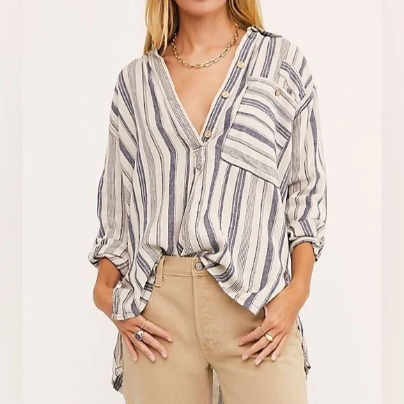 Free People boho Striped Popover Summer Breeze Shirt Long Sleeve medium - Picture 3 of 12